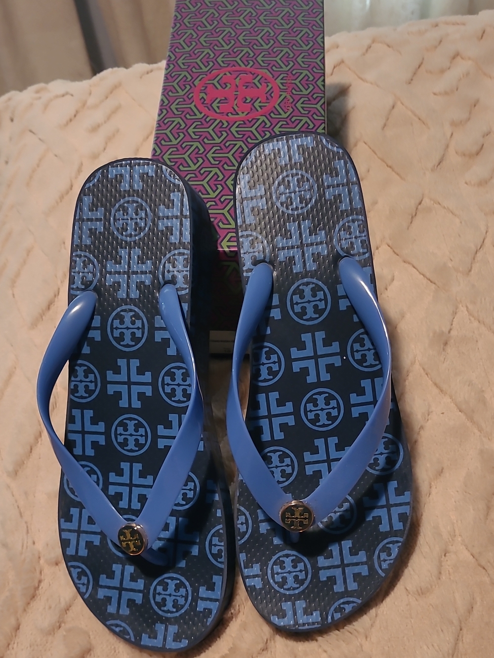 Tory Burch Blue Logo Flip Flops
